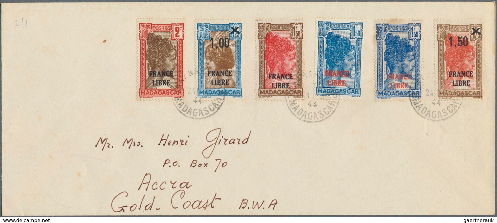 Madagaskar: 1943, FRANCE LIBRE Overprints, Lot Of Five Philatelic Covers From "TANANARIVE" Bearing 5 - Madagascar (1960-...)