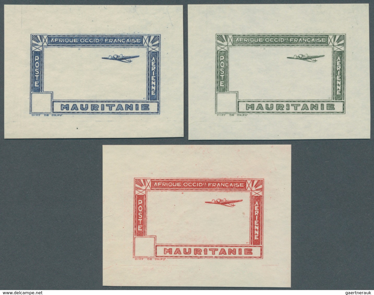 Mauretanien: 1942, Airmails, Design "Plane And Camel Caravan", Group Of Three Imperf. Stage Proofs S - Sonstige & Ohne Zuordnung