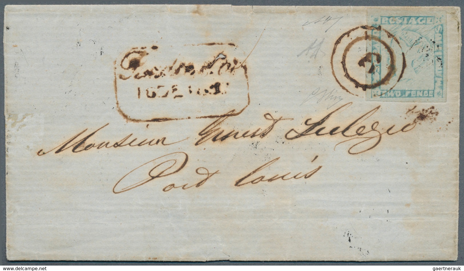 Mauritius: 1848: 2 D "POST PAID" Grey-blue/bluish, Position 2, Large Even Margins, Tied By "9" (Poud - Mauritius (...-1967)