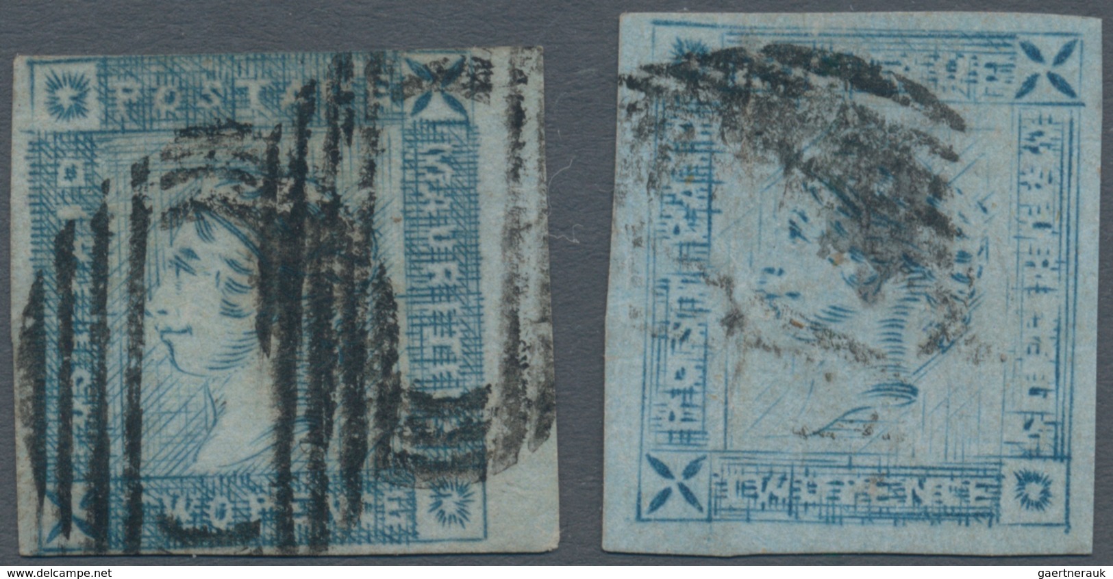 Mauritius: 1859 'Lapirot' 2d. Blue Two Singles, One Of Intermediate Impression, The Other Of Worn Im - Maurice (...-1967)