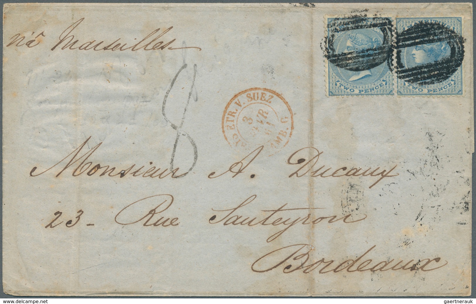 Mauritius: 1861, Folded Letter Franked With 2 Pieces 2 Pence Victoria Cancelled With Barred Ovals Wi - Mauritius (...-1967)