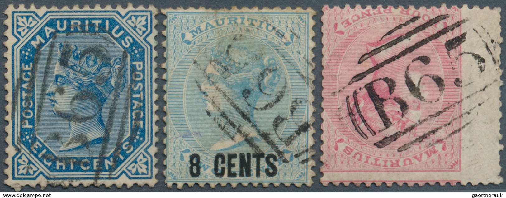 Mauritius: 1863/1879. A Small Selection Of "USED IN RODRIGUES" Including SG 62,4d Rose, SG 85, 8c On - Maurice (...-1967)