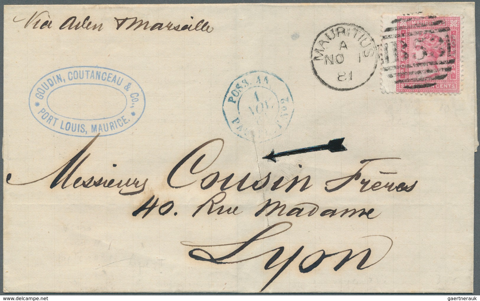 Mauritius: 1881, Folded Letter Franked With 17 C. Vitoria And Cancelled With Duplex "MAURTIUS NO ! 8 - Maurice (...-1967)