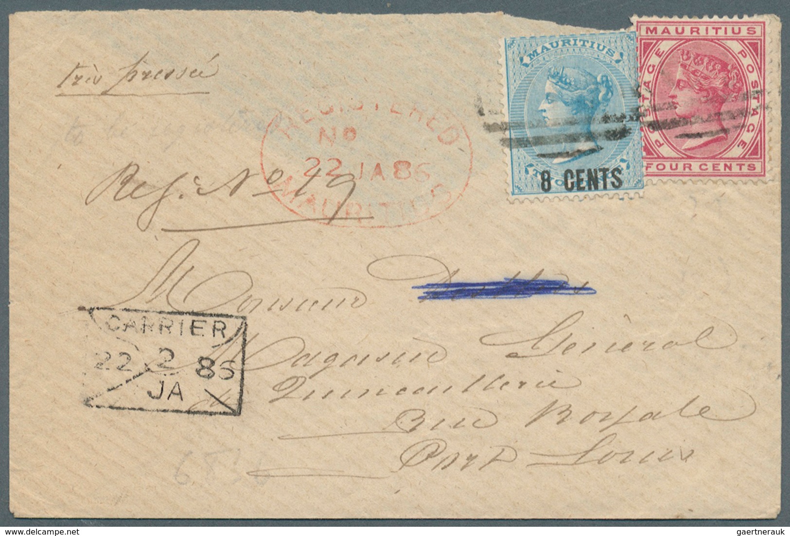 Mauritius: 1886. Registered Express Envelope (backflap Missing) Addressed To Port Louis Bearing SG 8 - Maurice (...-1967)