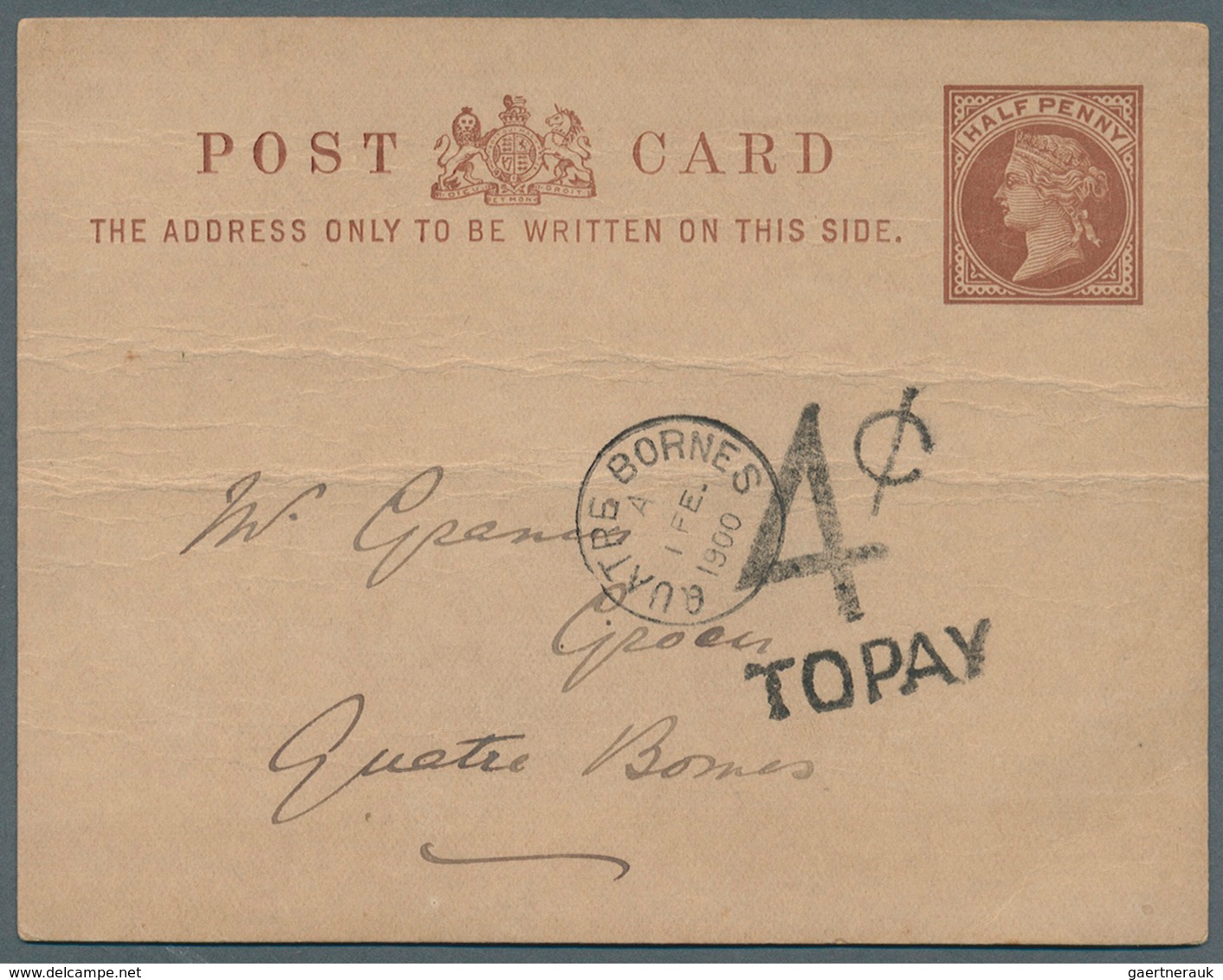 Mauritius: 1900. Great Britain Halfpenny Brown Postal Stationery Card (horizontal Wrinkles) Written - Mauritius (...-1967)