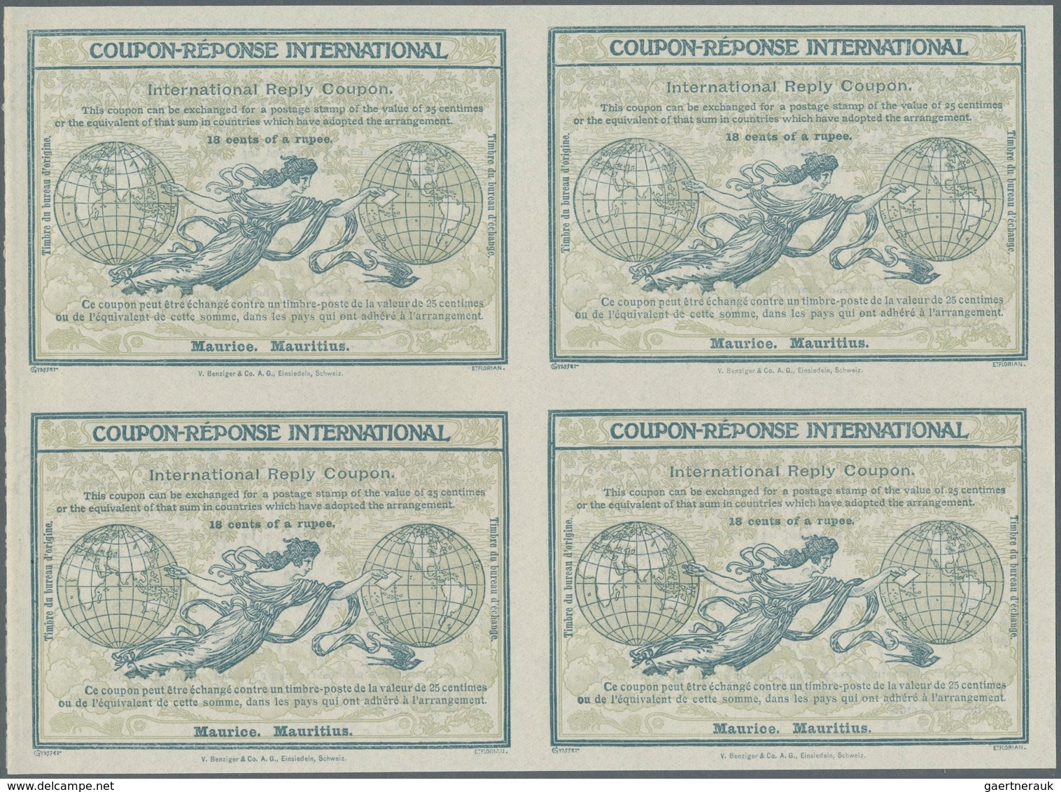 Mauritius: Design "Rome" 1906 International Reply Coupon As Block Of Four 18 C. Of A Rupee Mauritius - Maurice (...-1967)