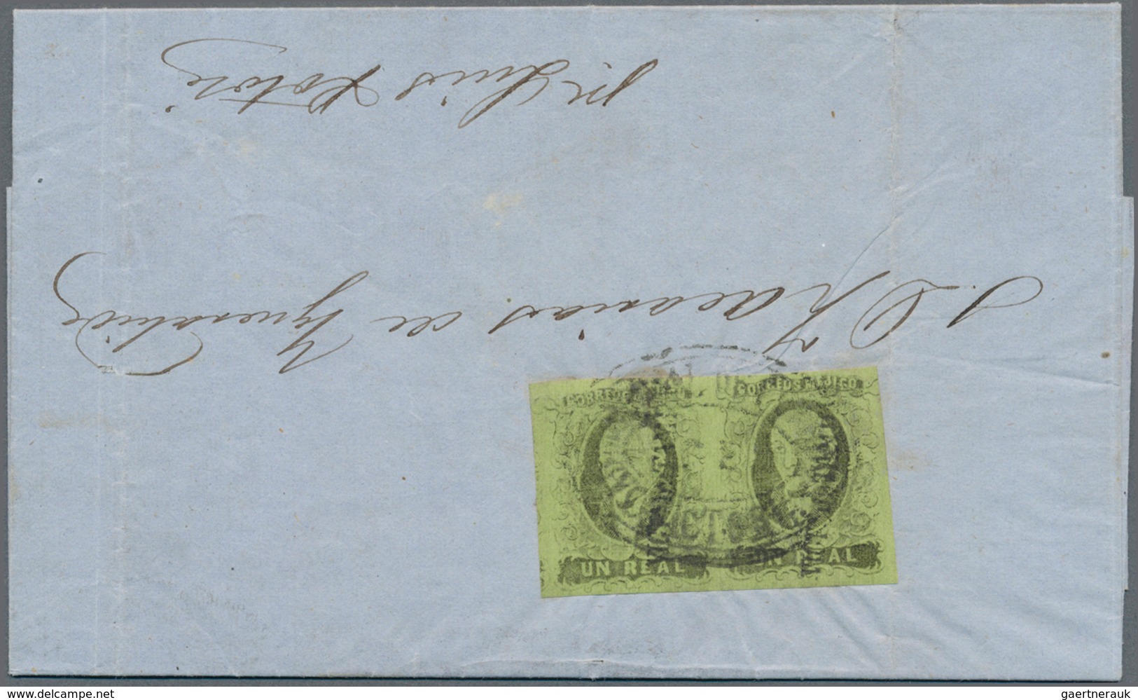 Mexiko: 1863, 1 R. Black On Green, A Horizontal Pair Tied Oval "ADMON PRAL DE CORREOS / DE / VICTORI - Mexico