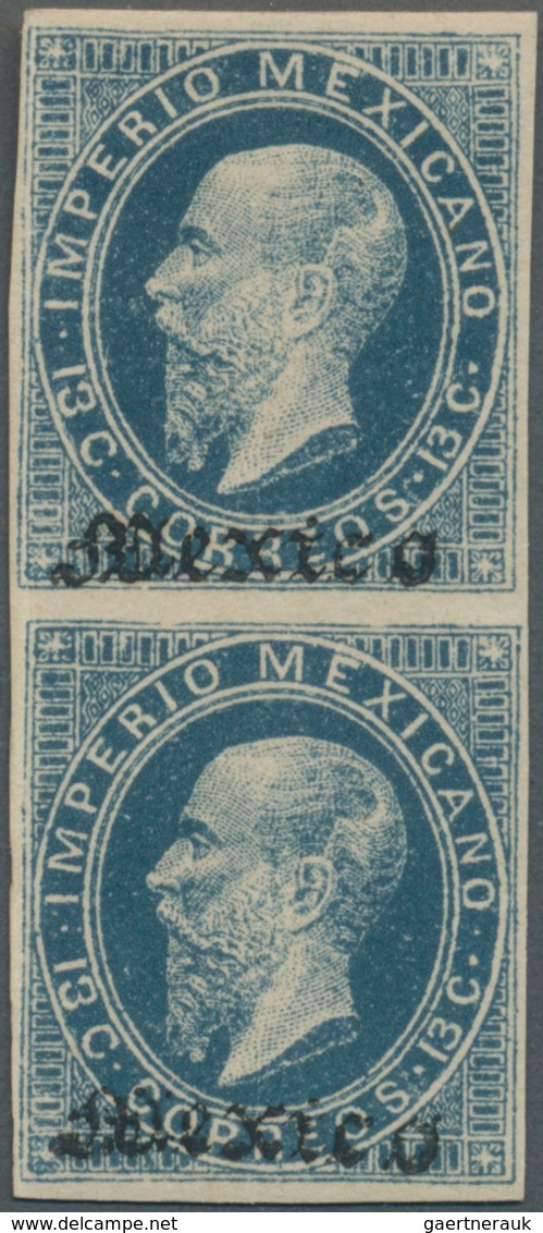 Mexiko: 1866, Maximilian 13 C. Litho From Plate I, A Vertical Pair With District Ovpt. "MEXICO" Only - Mexiko