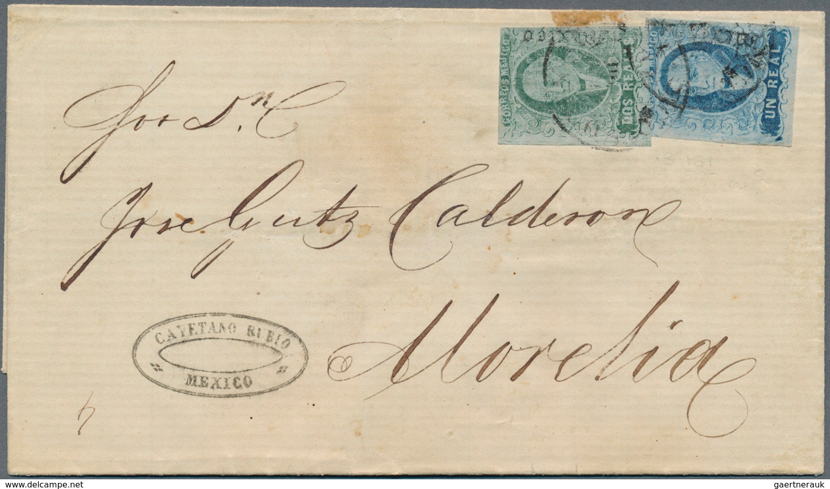 Mexiko: 1867, 1 R. Blue And 2 R. Green On Grey Blue Paper On Folded Envelope From Mexico City To Mor - Mexique