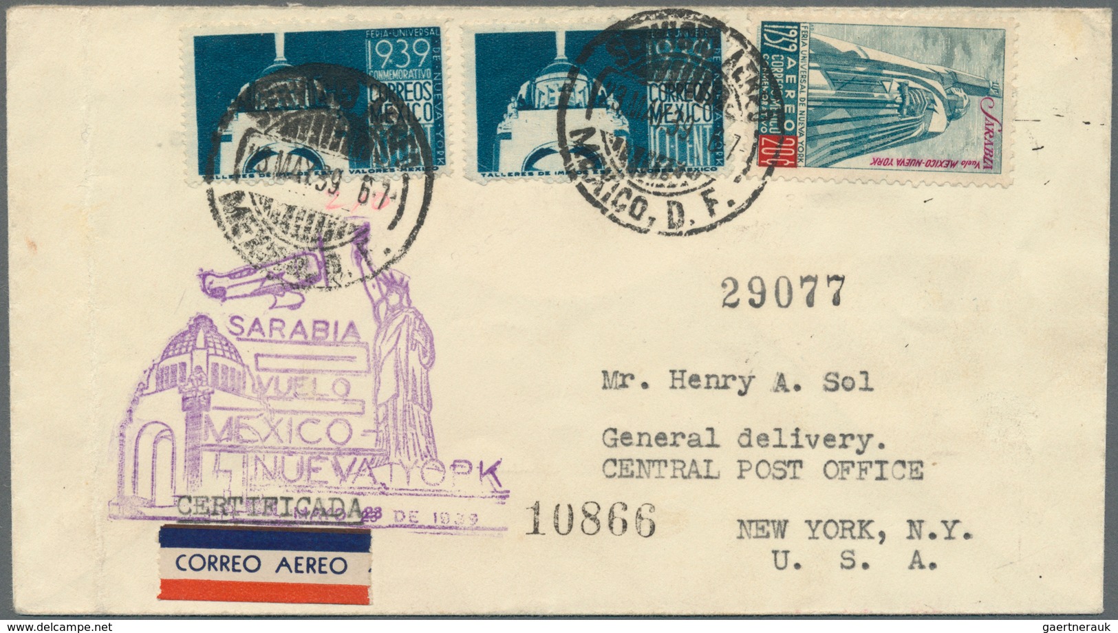 Mexiko: 1939, 20 C With Overprint On Airmail-FDC "SARABIA VUELO MEXICO NUEVA YORK 23. DE 1939" Sent - Mexiko