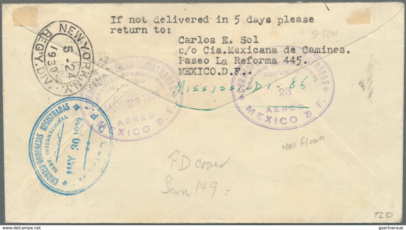 Mexiko: 1939, 20 C With Overprint On Airmail-FDC "SARABIA VUELO MEXICO NUEVA YORK 23. DE 1939" Sent - Mexiko