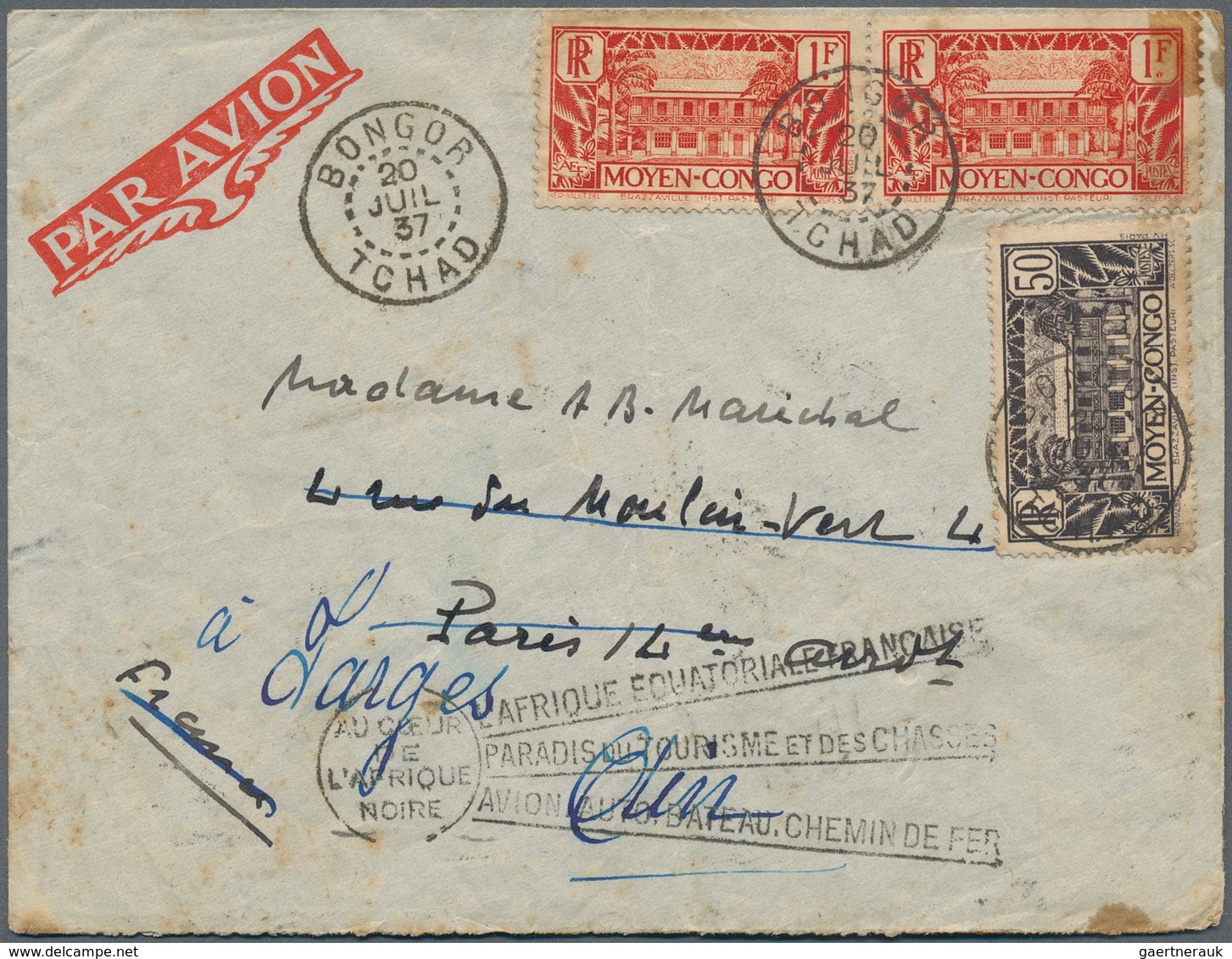 Mittelkongo: 1937, 50 C Black-violet And 2 X 1 Fr Red, Mixed Franking On Airmail Cover From BONGOR/T - Autres & Non Classés