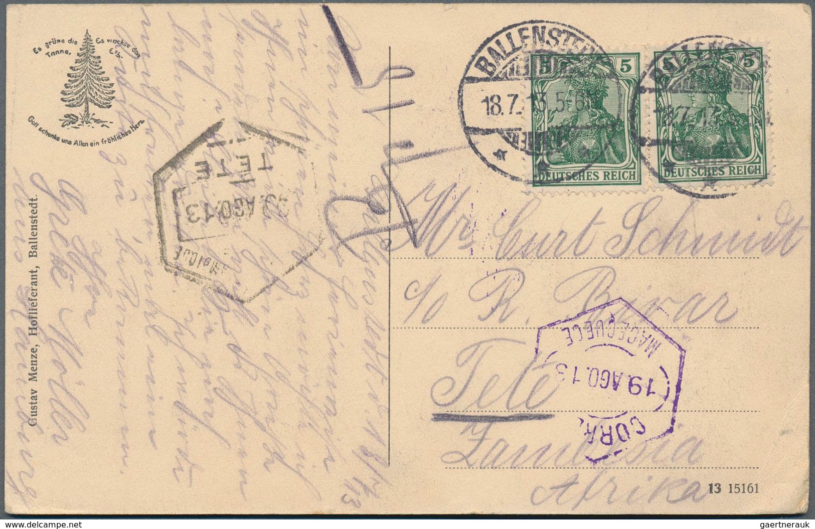Mocambique - Provinzausgaben: Tete: 1913, Incoming Mail: Picture Card Of Ballestedt In Germany Frank - Mosambik