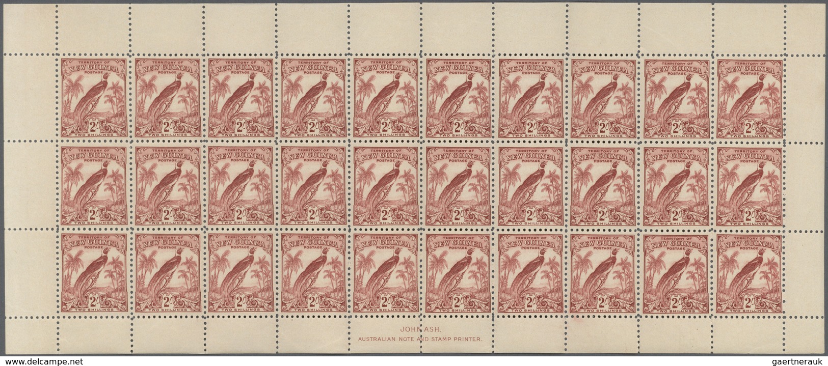 Neuguinea: 1932, Bird Of Paradise 2s. Dull Lake In Two Complete Sheets Of 30 Stamps Each With 'JOHN - Papouasie-Nouvelle-Guinée