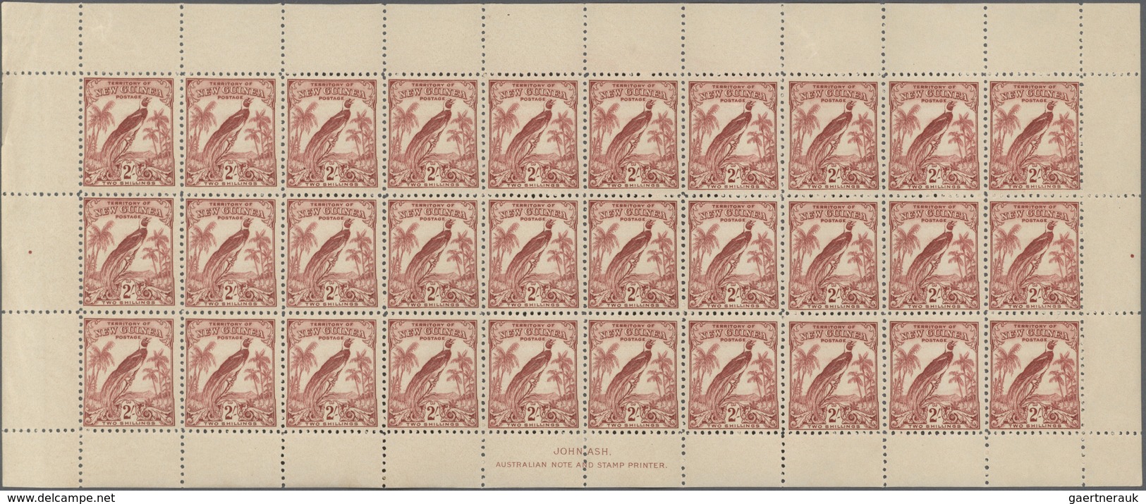 Neuguinea: 1932, Bird Of Paradise 2s. Dull Lake In Two Complete Sheets Of 30 Stamps Each With 'JOHN - Papouasie-Nouvelle-Guinée