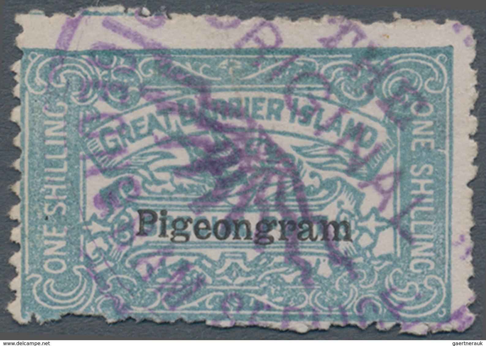 Neuseeland: 1899 PIGEON POST STAMP: Great Barrier Island Special Post Stamp 1s. Greenish Blue, Overp - Autres & Non Classés
