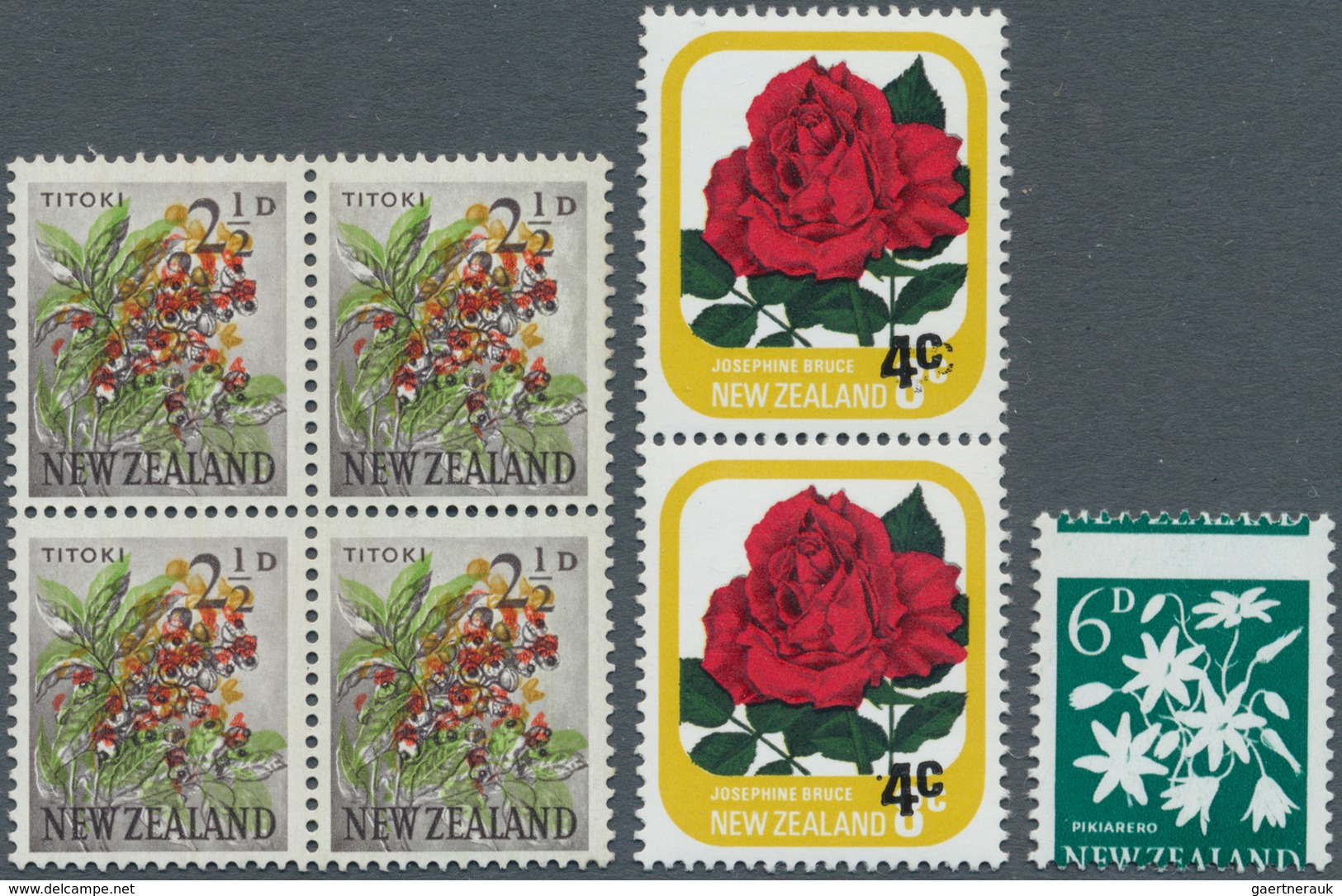 Neuseeland: 1960/1979, Lot Of Varieties: 2½d. Titoki Block Of Four With Shifted Colours; 6d. Pikiare - Autres & Non Classés