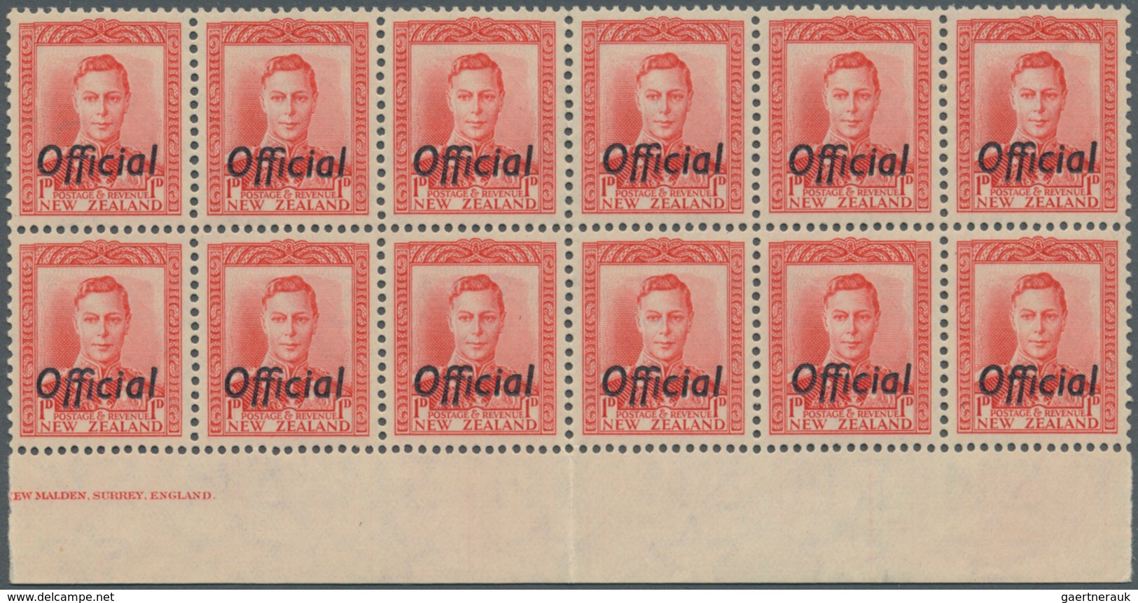 Neuseeland - Dienstmarken: 1938, KGVI Definitive 1d. Scarlet With Opt. ‚Official‘ Block Of 12 From L - Dienstmarken