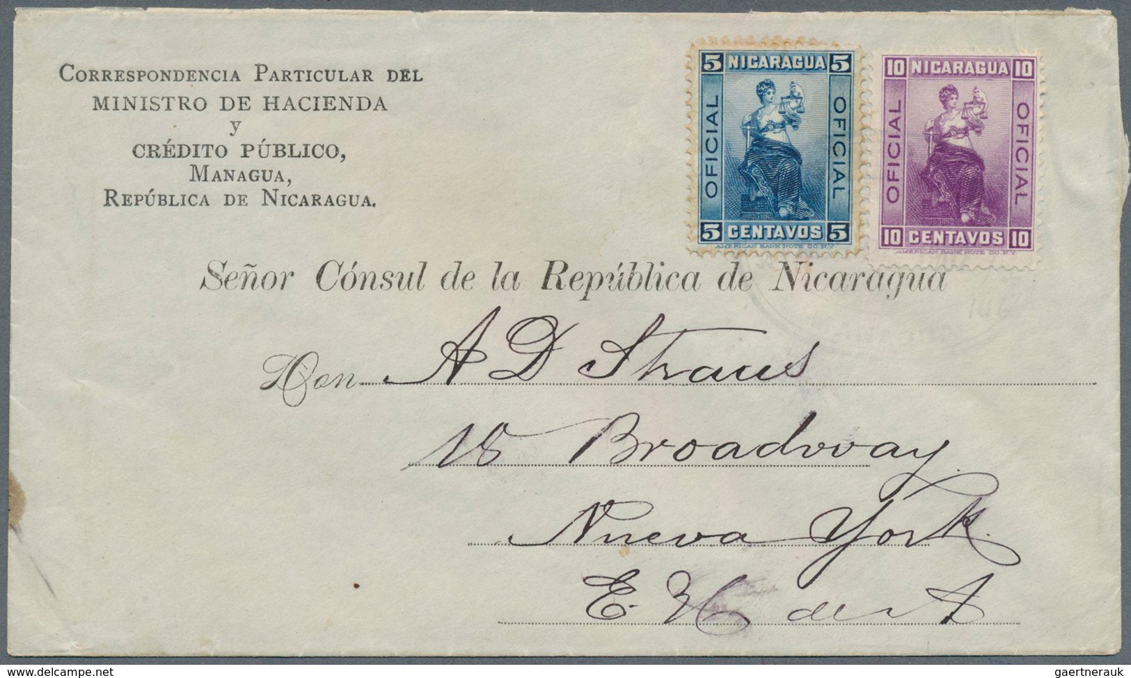 Nicaragua - Dienstmarken: 1900, 5 C Blue And 10 C Violet Justitia, Mixed Franking On Preprinted Offi - Nicaragua