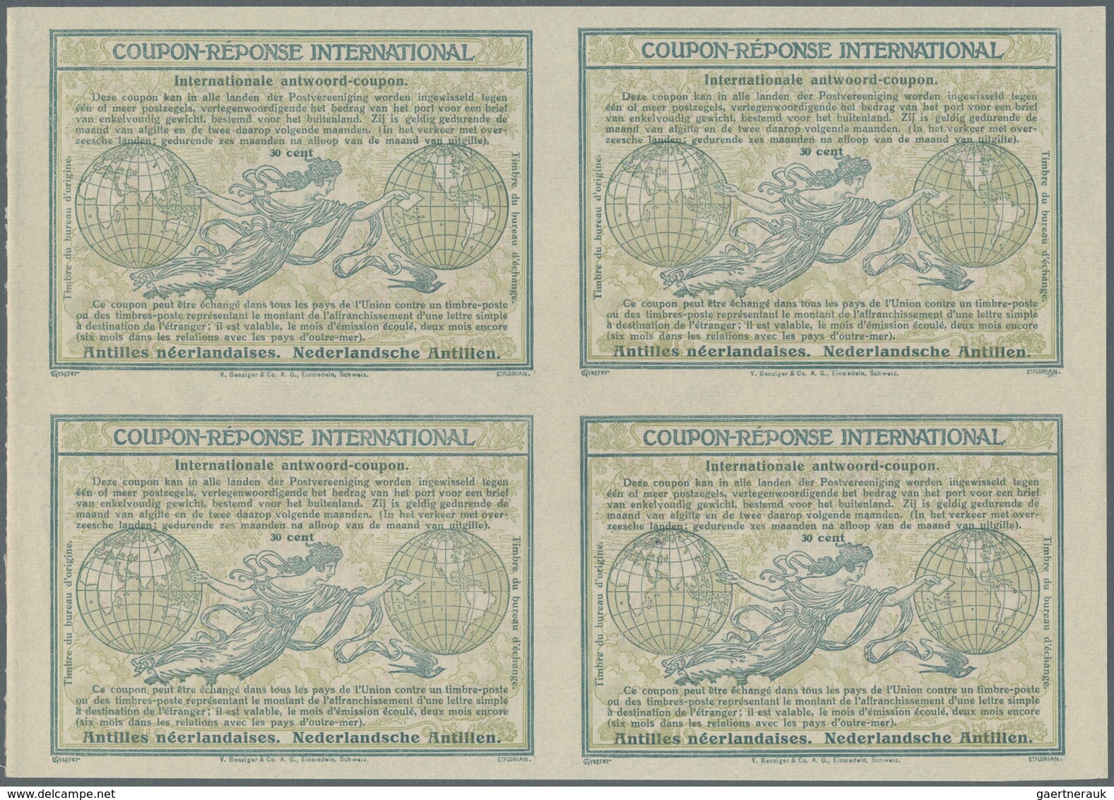 Niederländische Antillen: Design "Madrid" 1920 International Reply Coupon As Block Of Four 30 Cent N - Curaçao, Antilles Neérlandaises, Aruba