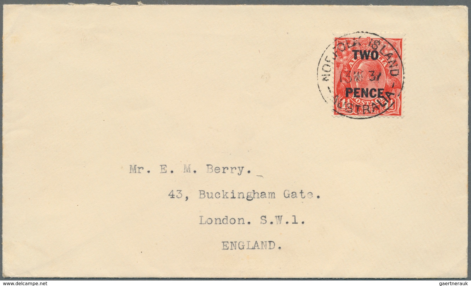 Norfolk-Insel: 1930, Australian 2 D On 1 1/2 D On Envelope Adressed To London Tied By "NORFOLK ISLAN - Ile Norfolk