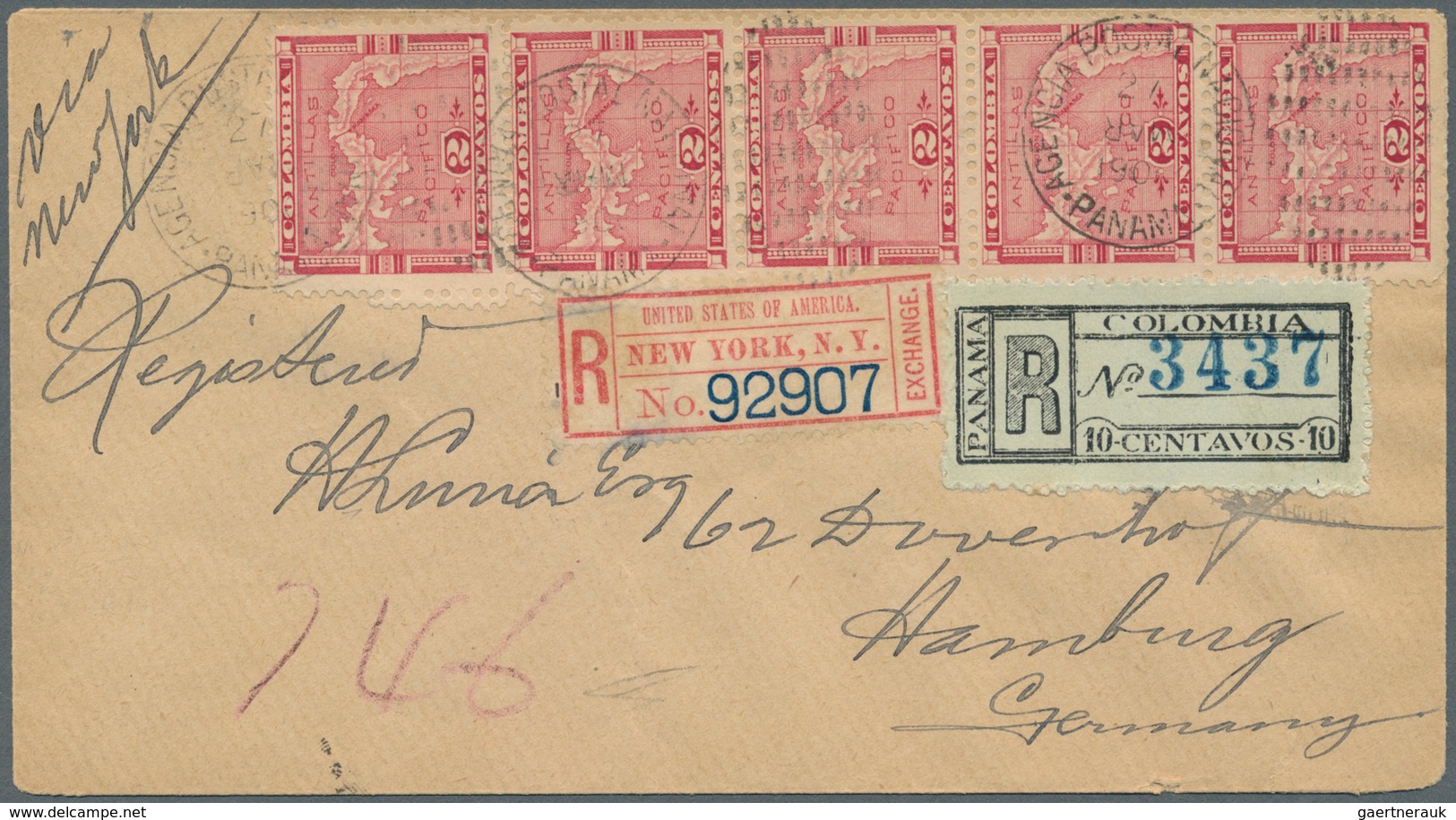 Panama: 1900, 2 C. Rose, A Vertical Strip-5 Tied Duplex "AGENCIA POSTAL NACIONAL 24 MAR 1900" And Re - Panama