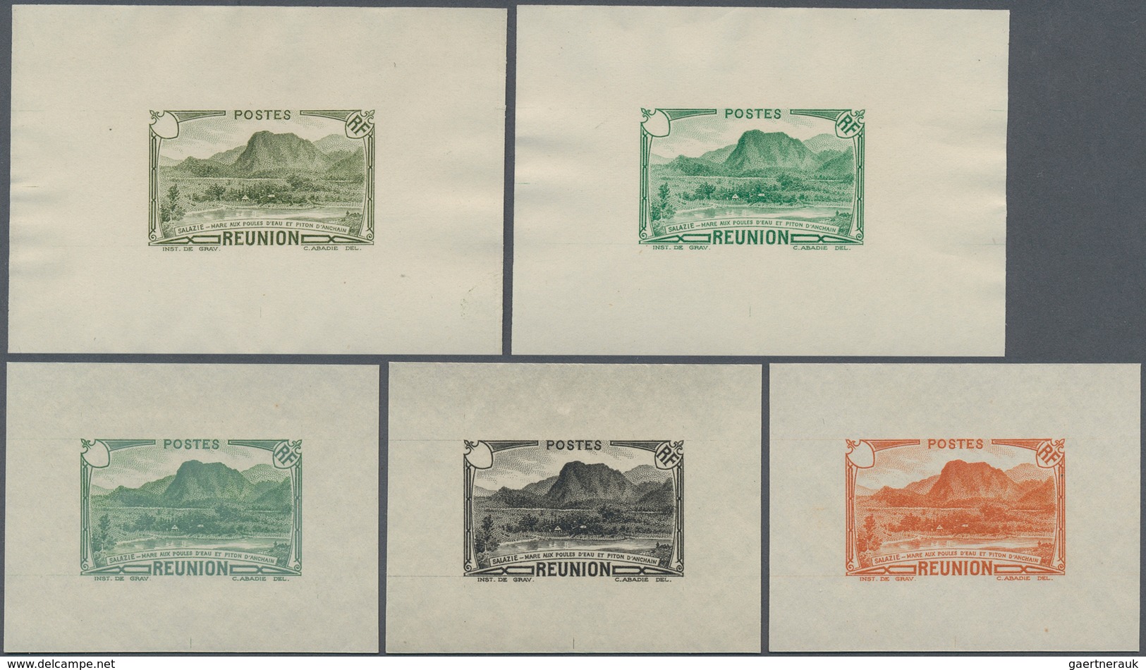 Reunion: 1933/1938, Definitives "Tourism", Design "Piton D'Anchain", Group Of Eight Single Die Proof - Unused Stamps