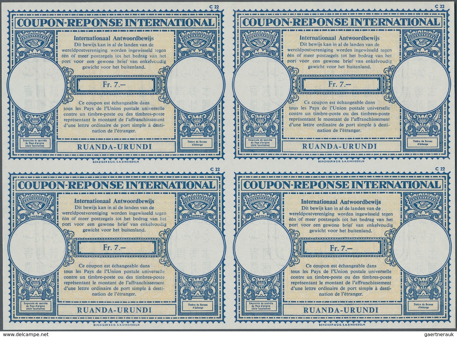 Ruanda-Urundi: 1960. International Reply Coupon Fr. 7.- (London Type) In An Unused Block Of 4. Issue - Sonstige & Ohne Zuordnung