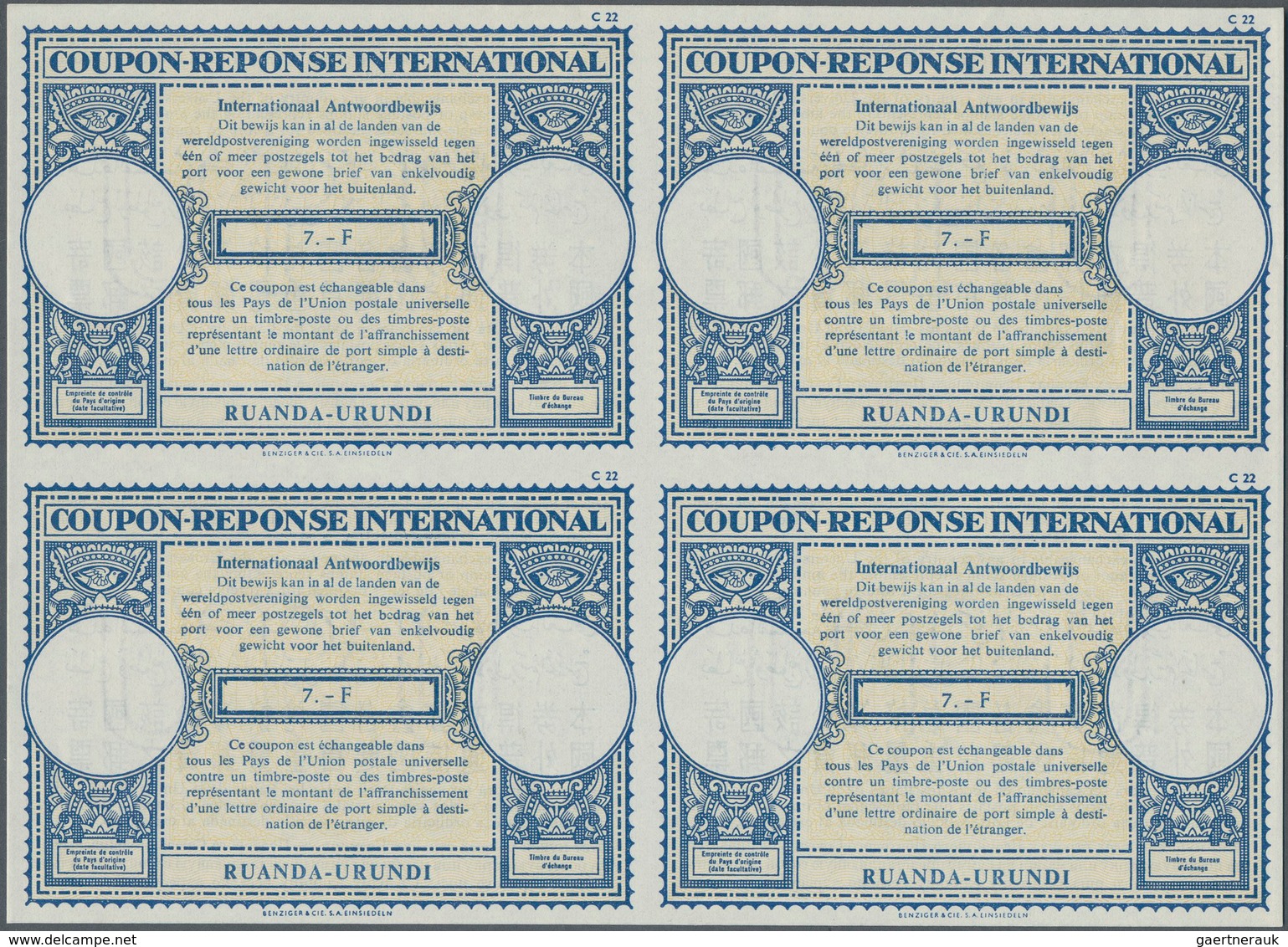 Ruanda-Urundi: 1961. International Reply Coupon 7.- Fr. (London Type) In An Unused Block Of 4. Issue - Sonstige & Ohne Zuordnung