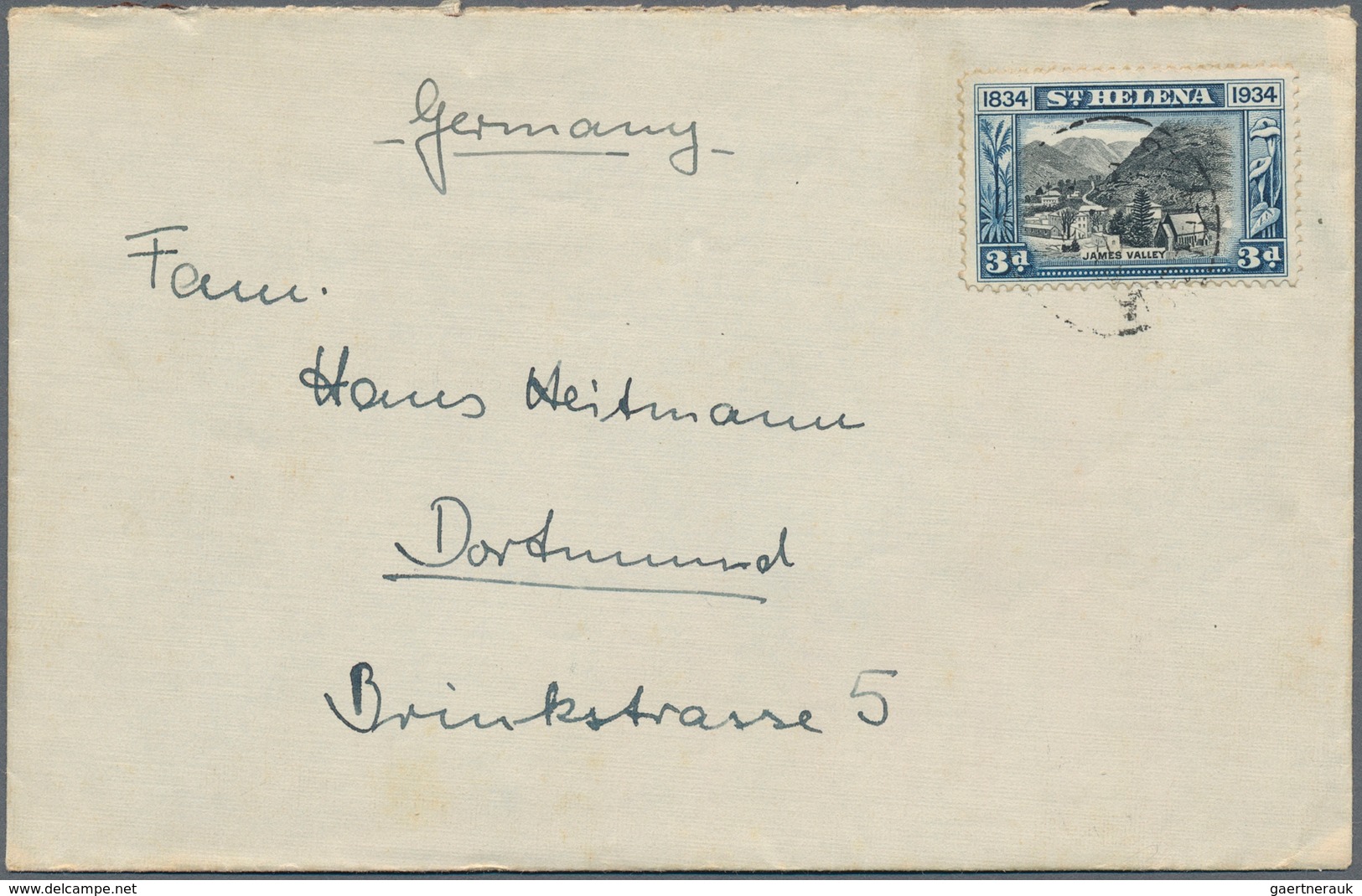 St. Helena: 1922-34 Two picture postcards and one cover to Germany with various frankings, plus 1934