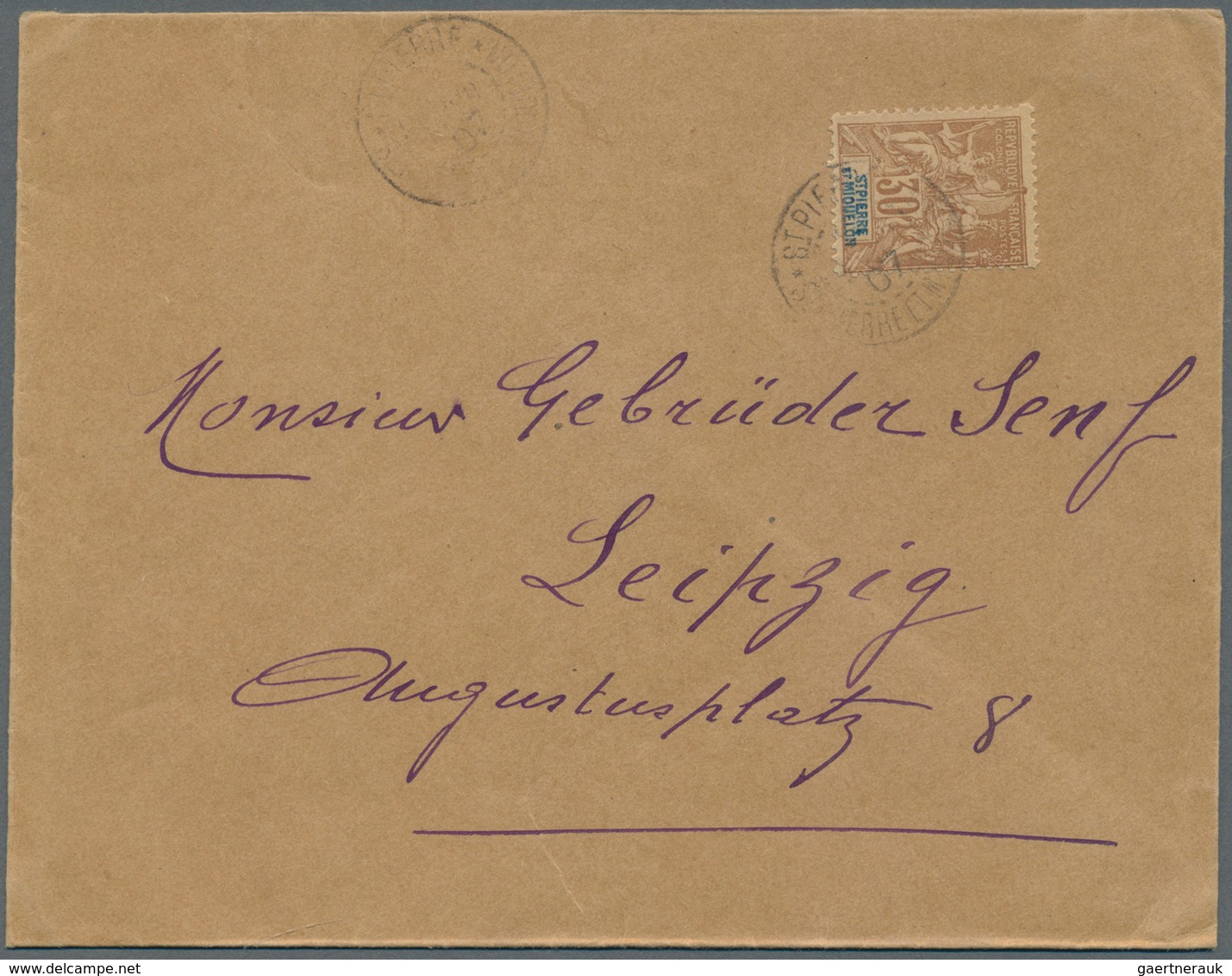 St. Pierre Und Miquelon: 1907, 30c Peace And Commerce As Single Franking To Leipzig, Germany, Fine A - Autres & Non Classés