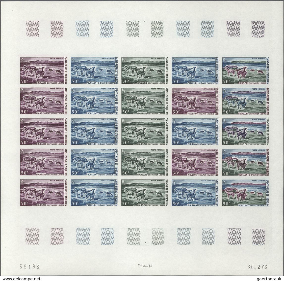 St. Pierre Und Miquelon: 1969. Complete Airmail Set (2 Values) In 2 Color Proof Sheets Of 25 Showing - Autres & Non Classés