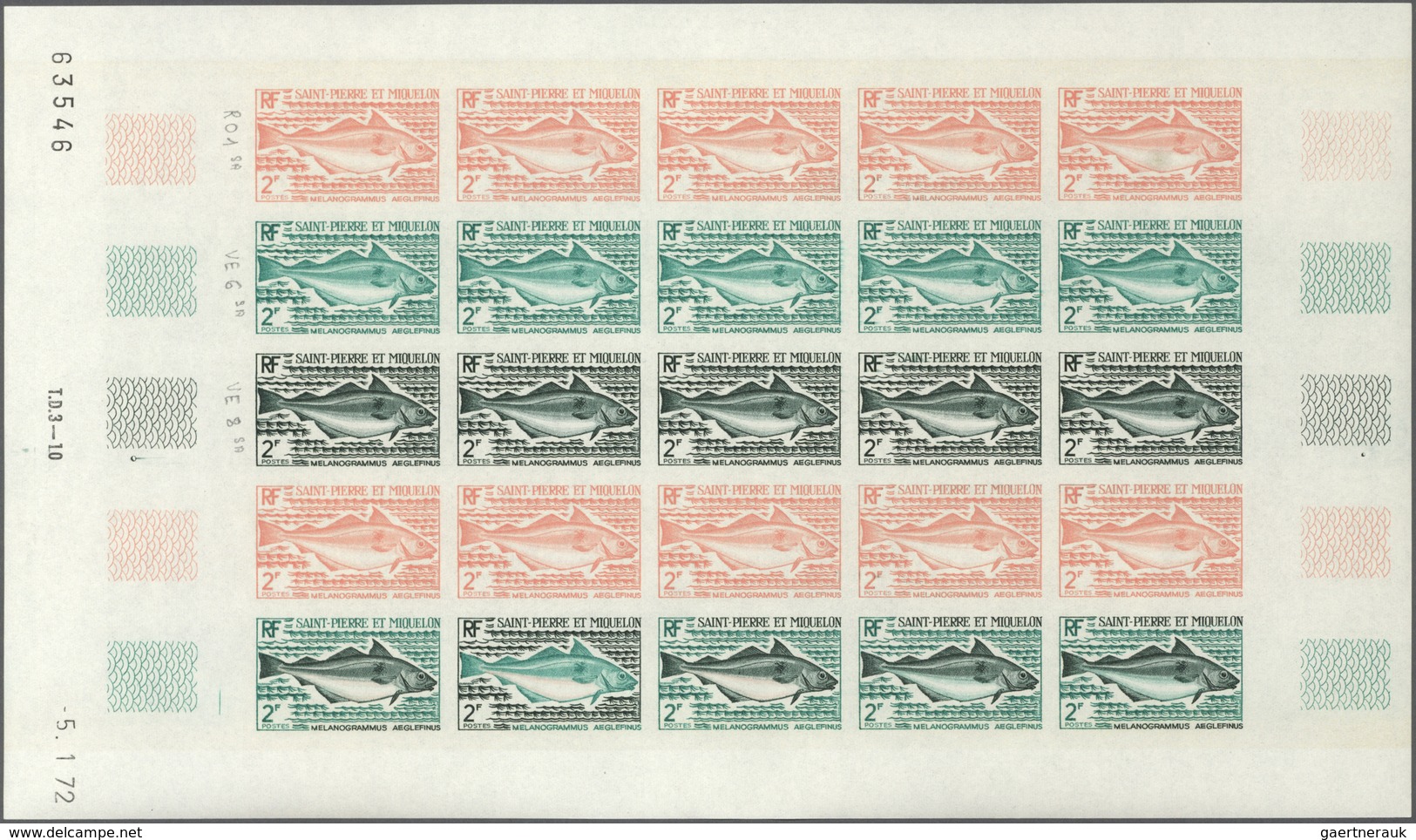 St. Pierre Und Miquelon: 1972. Complete Set FISH (4 Values) In 4 Color Proof Sheets Of 25 Showing Va - Autres & Non Classés