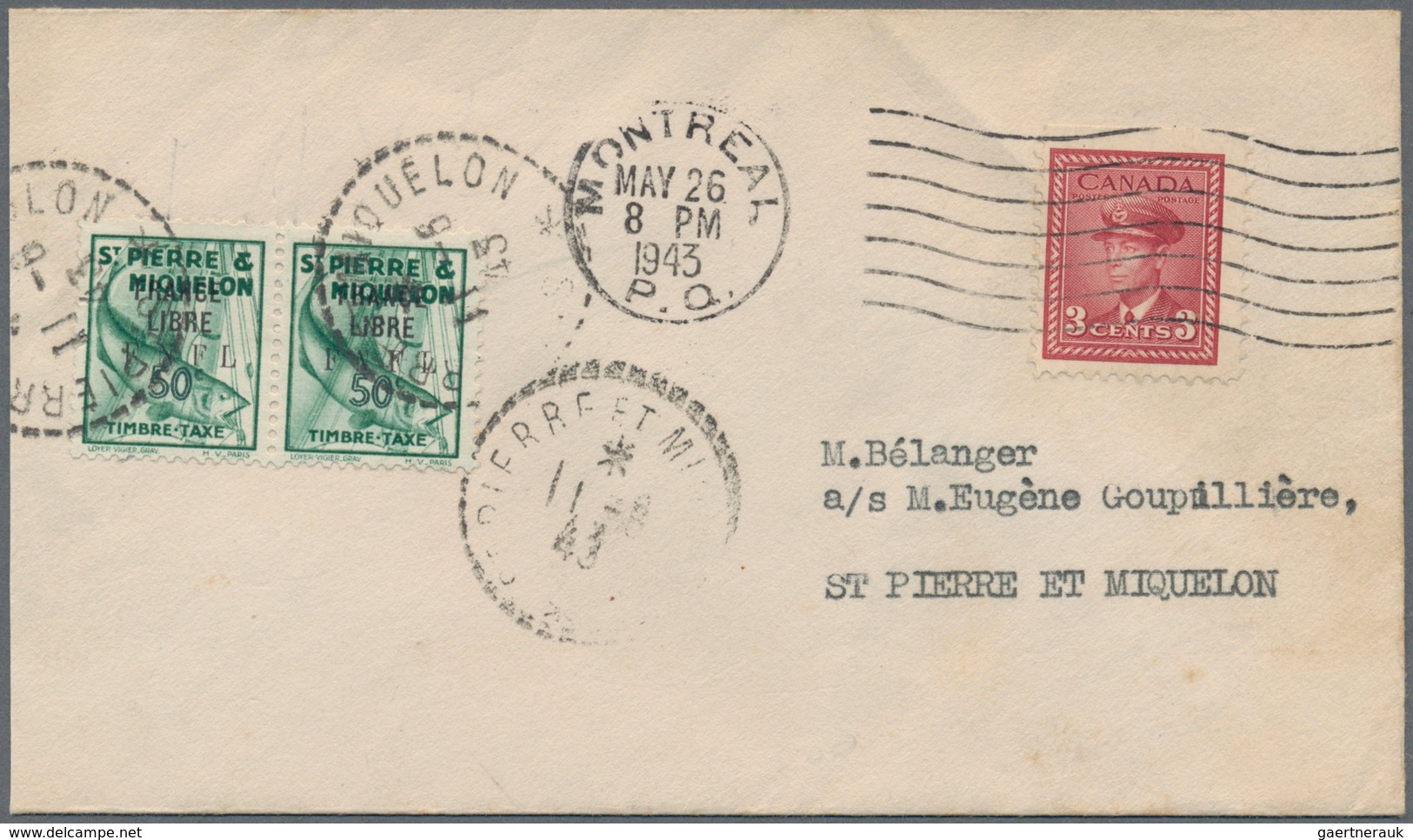 St. Pierre Und Miquelon - Portomarken: 1942, Overprint Issue 50 C. Green, Horiozontal Pair Tied By C - Timbres-taxe