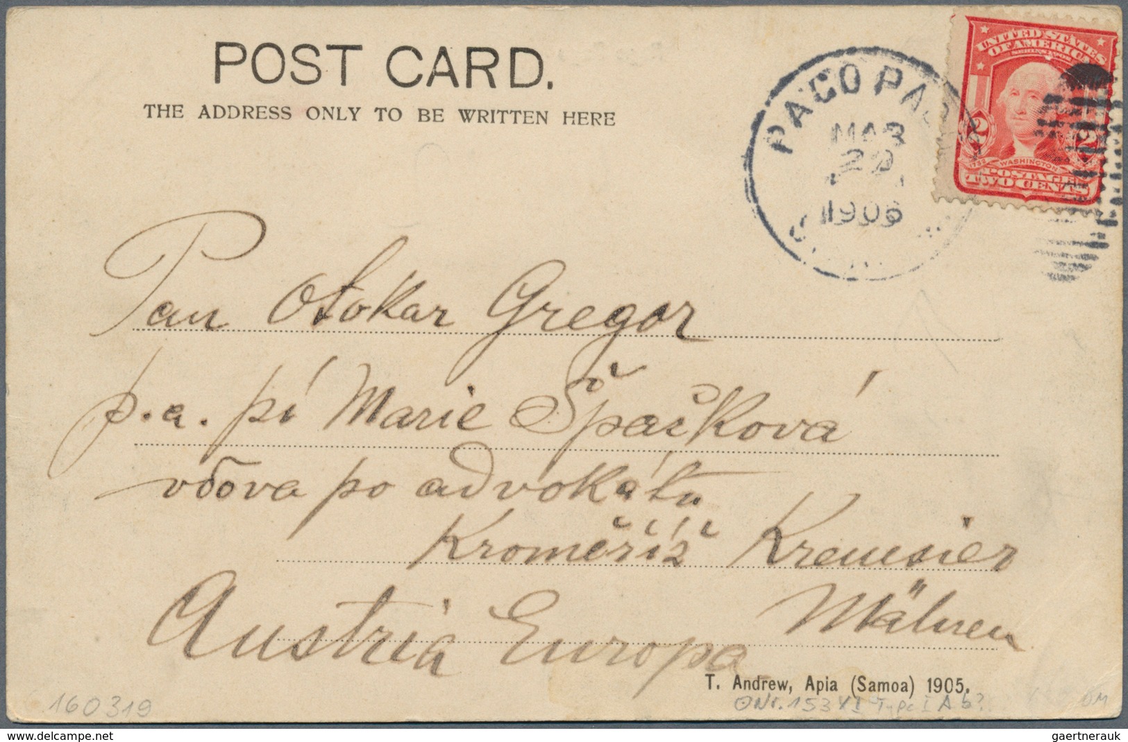 Samoa: 1906 Picture Postcard "Pago Pago" To Moravia, Austria Franked By US 1903 'Washington' 2c. Tie - Samoa