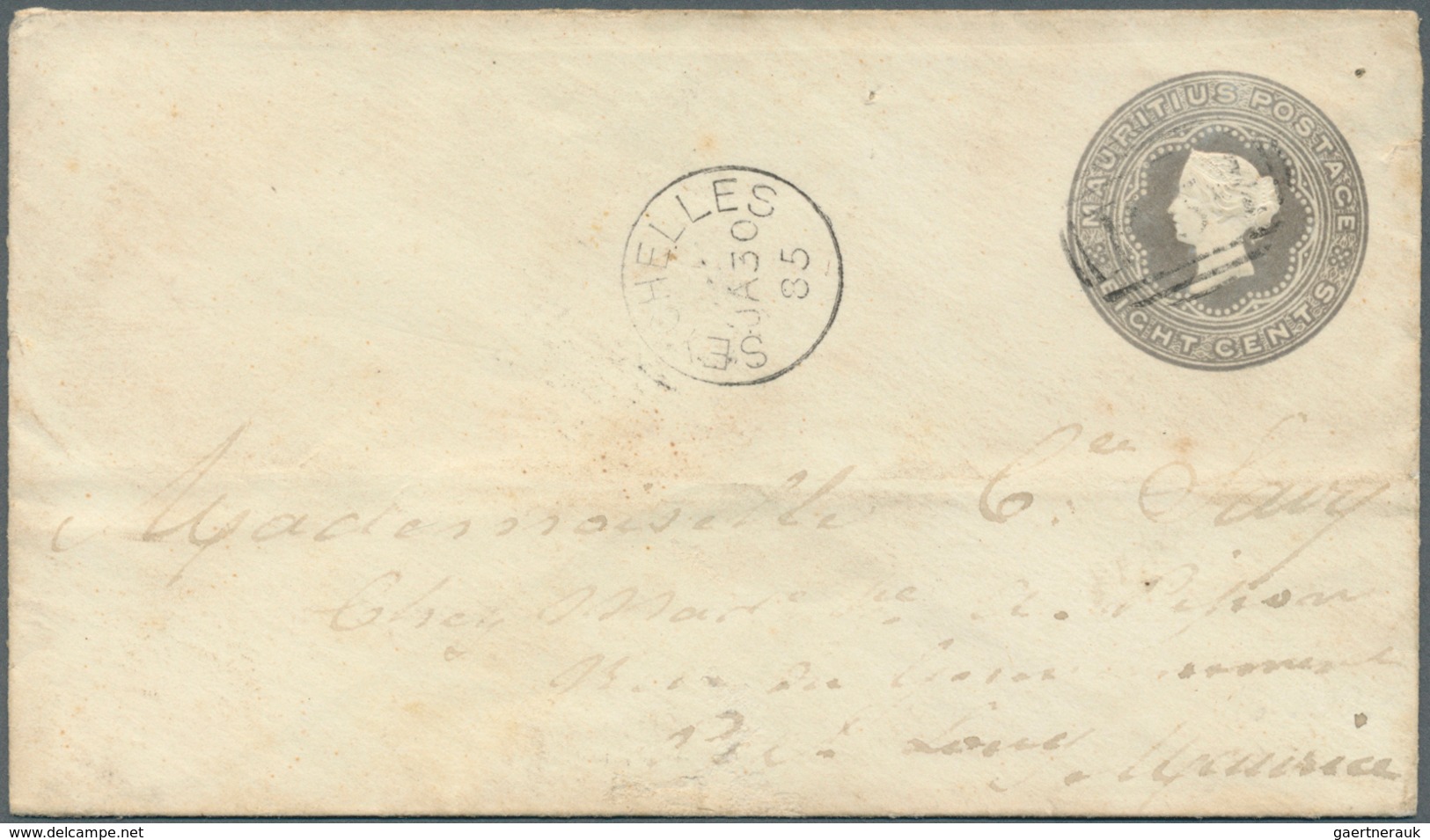 Seychellen: 1885 Envelope 8 C. Grey Mauritius Used On The Seychelles With Cancel "SEYCHELLES JA 30 8 - Seychellen (...-1976)