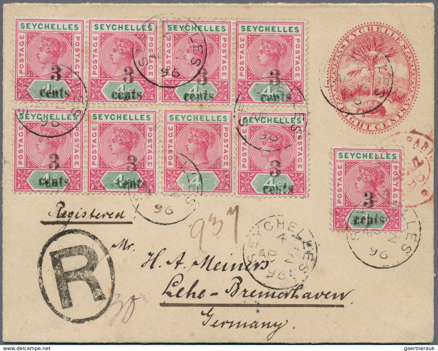 Seychellen: 1896, 8 C Carmine Pse, Uprated With 4 C Carmine/green And 8 X 3 Cents On 4 C Carmine/gre - Seychellen (...-1976)