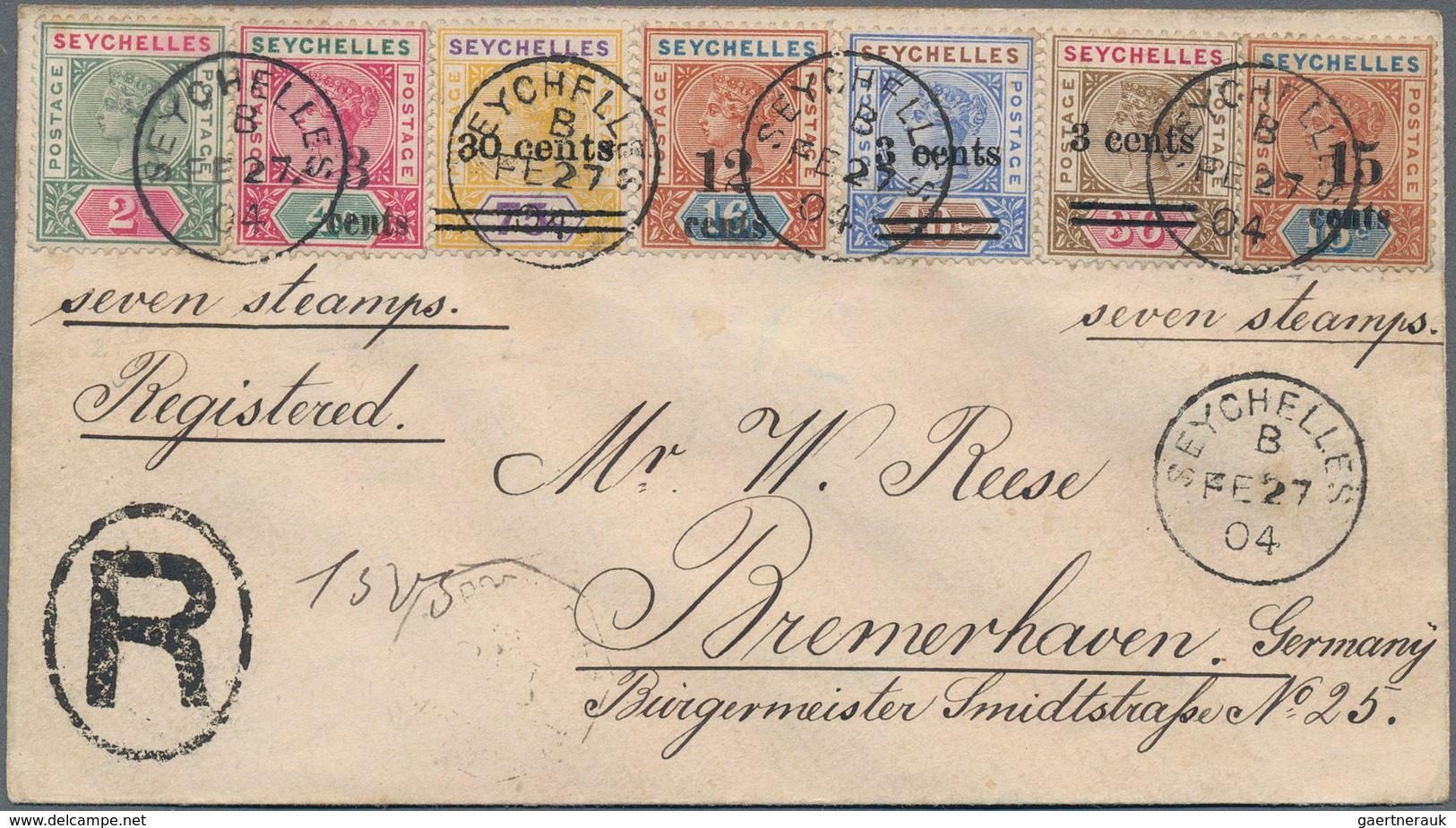 Seychellen: 1904 Registered Cover To Germany Franked By Seven Different Stamps, I.e. 2c. (SG 1), 3c. - Seychelles (...-1976)