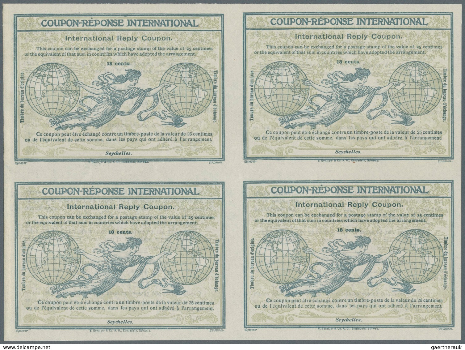 Seychellen: Design "Rome" 1906 International Reply Coupon As Block Of Four 18 C. Seychelles. This Bl - Seychelles (...-1976)