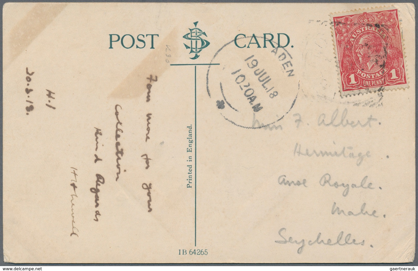 Seychellen: 1916/1918: Two Picture Postcards From Hindmarsh Island (Kumerangk), South Australia To A - Seychelles (...-1976)