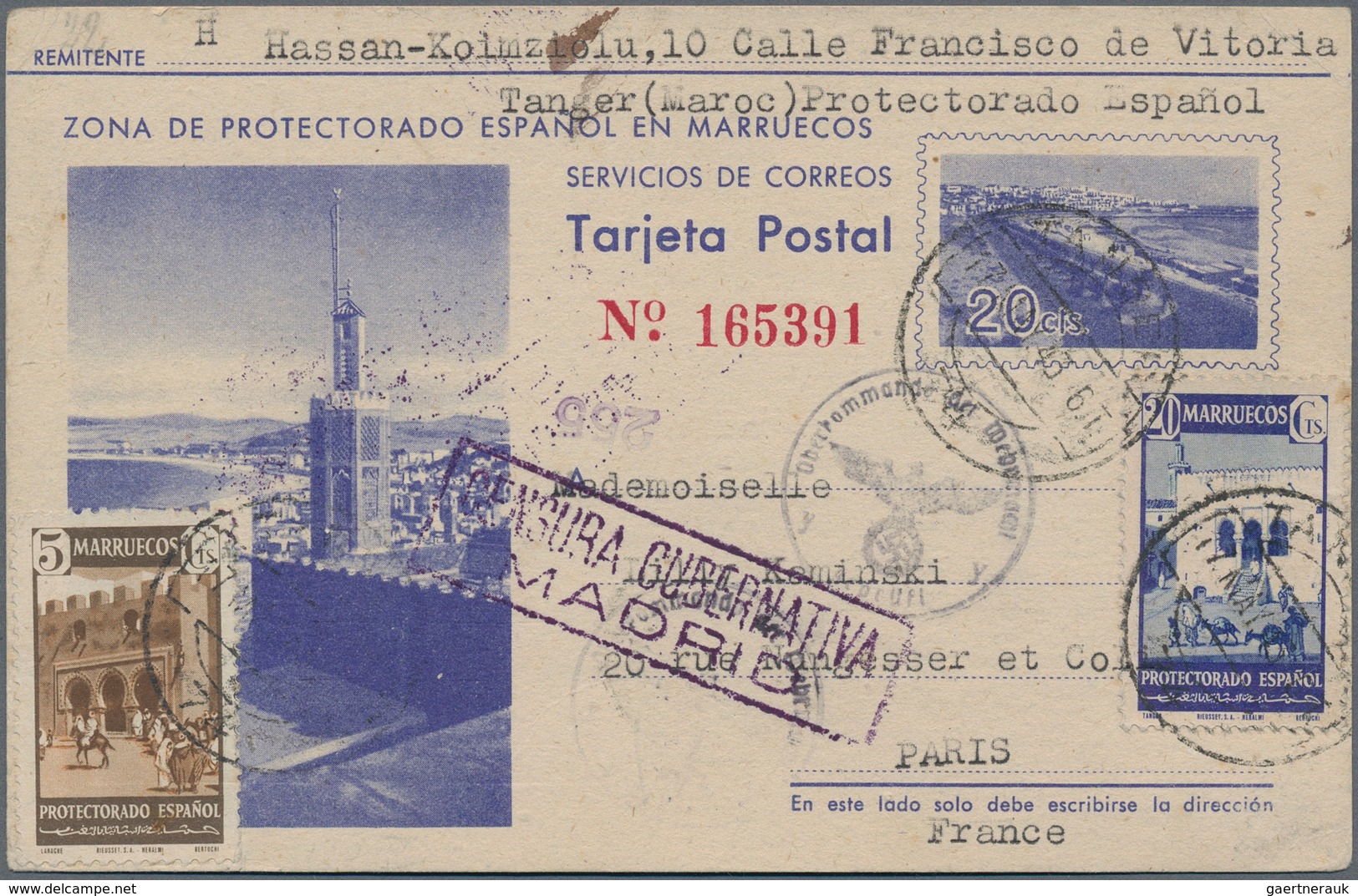 Spanisch-Marokko: 1943, Spanish Morocco Posta Stationery Card 20c Blue Upgraded With SG 353, 5c Brow - Maroc Espagnol