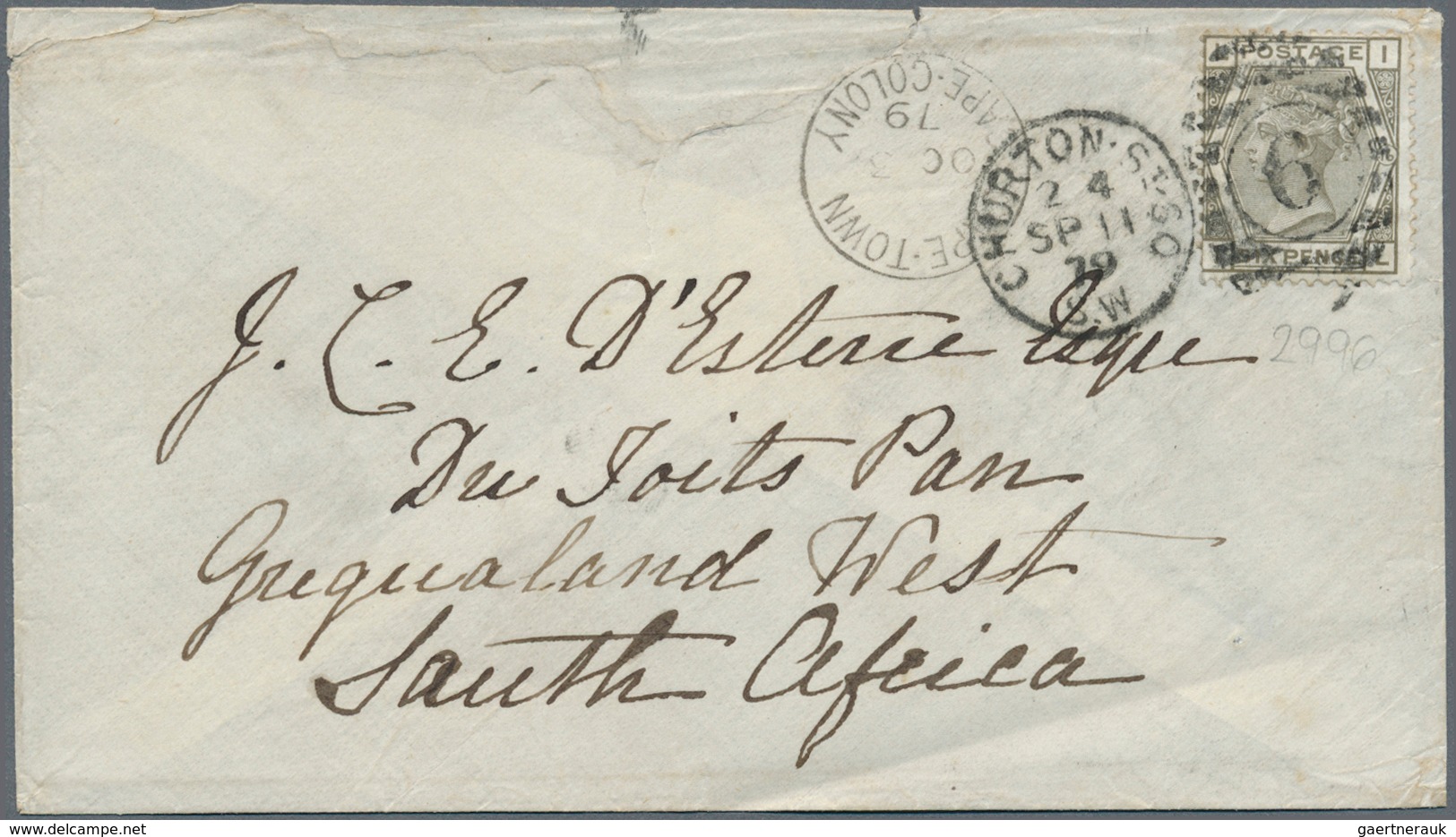Griqualand-West: Incoming Mail, 1879, UK, 6p Grey Plate 16 Canc. Duplex "CHURTON ST.SO SP 11 74" To - Griqualand Ouest (1874-1879)