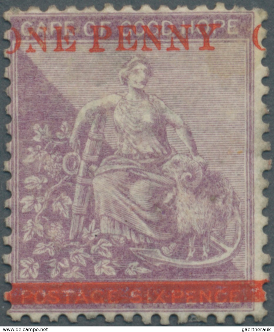 Kap Der Guten Hoffnung: 1874, Seated Hope 6d. Deep Lilac Surcharged In Red ‚ONE PENNY‘, Unused With - Cap De Bonne Espérance (1853-1904)