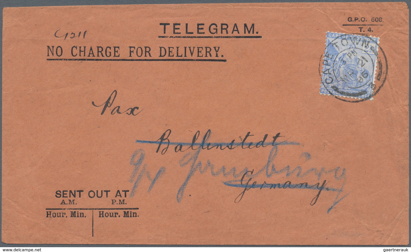 Kap Der Guten Hoffnung: 1906,orange Telegram Delivery Envelope Used As Form W. CGH 2 1/2d Ultra Tied - Kap Der Guten Hoffnung (1853-1904)
