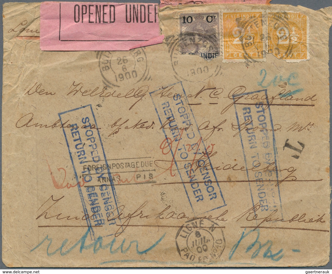 Transvaal: 1900,boer War, Incoming Mail, Dutch East Indies: DEI 2 1/2 C. (pair), 10 C. Tied "BUITENZ - Transvaal (1870-1909)