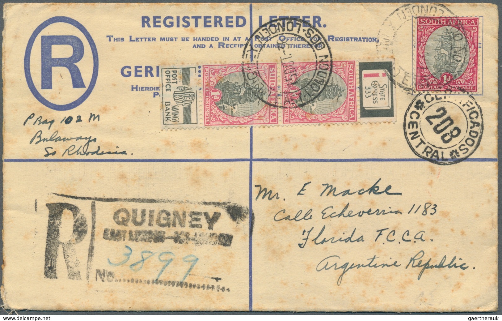 Südafrika - Ganzsachen: 1919/1936, Group Of 3 Stationeries: 4 D Blue KGV Registered Pse, Uprated Wit - Autres & Non Classés