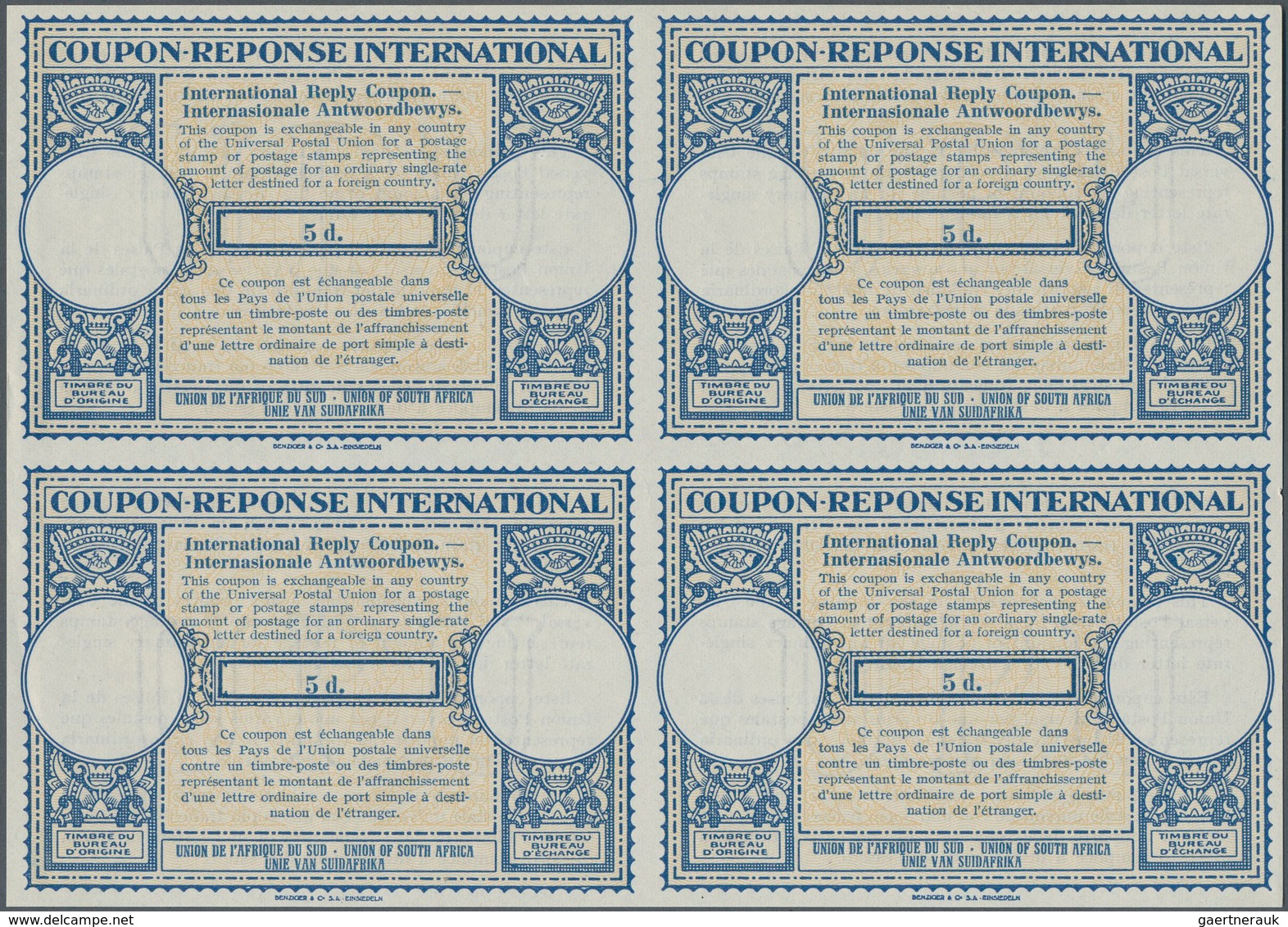 Südafrika - Ganzsachen: 1947. International Reply Coupon 5d (London Type) In An Unused Block Of 4. I - Autres & Non Classés