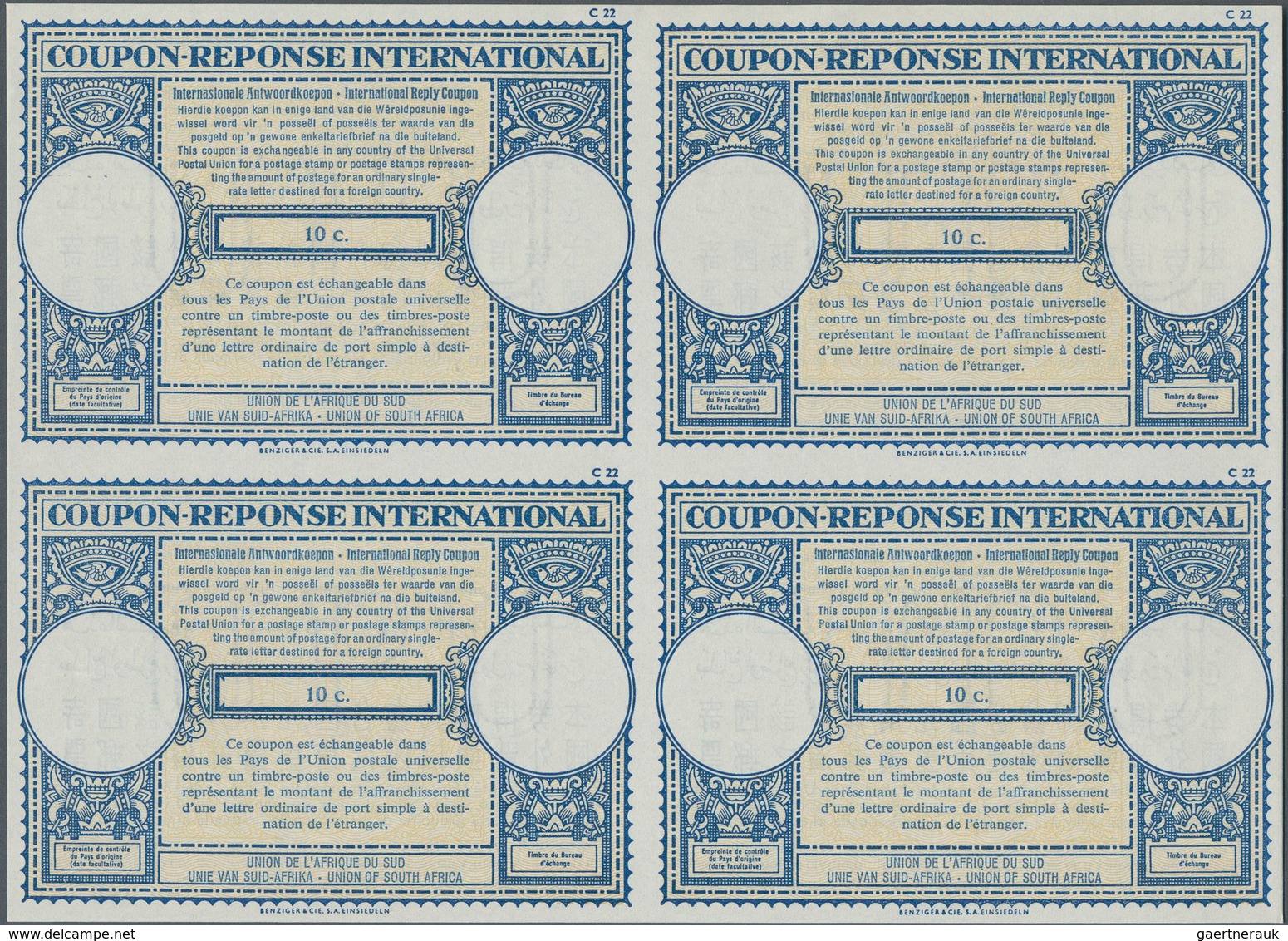 Südafrika - Ganzsachen: 1960. International Reply Coupon 10c (London Type) In An Unused Block Of 4. - Sonstige & Ohne Zuordnung