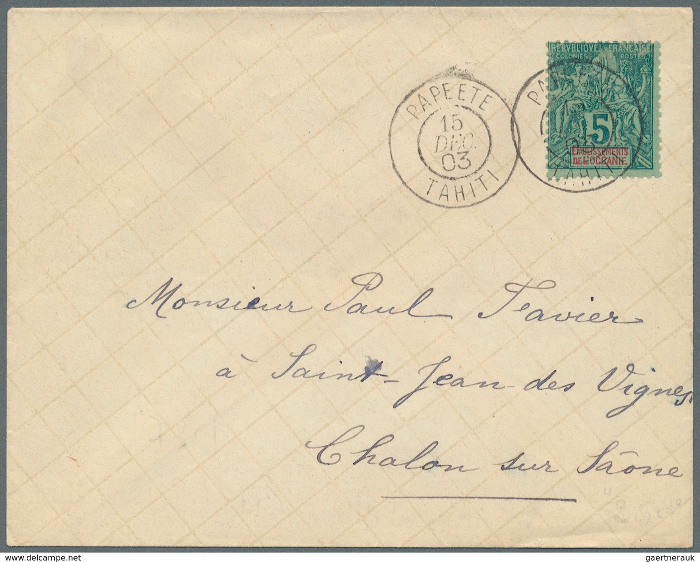 Tahiti: 1903. Envelope To France Bearing Oceanie Yvert 4, 5c Green Tied By Papeete Tahiti Double Rin - Tahiti