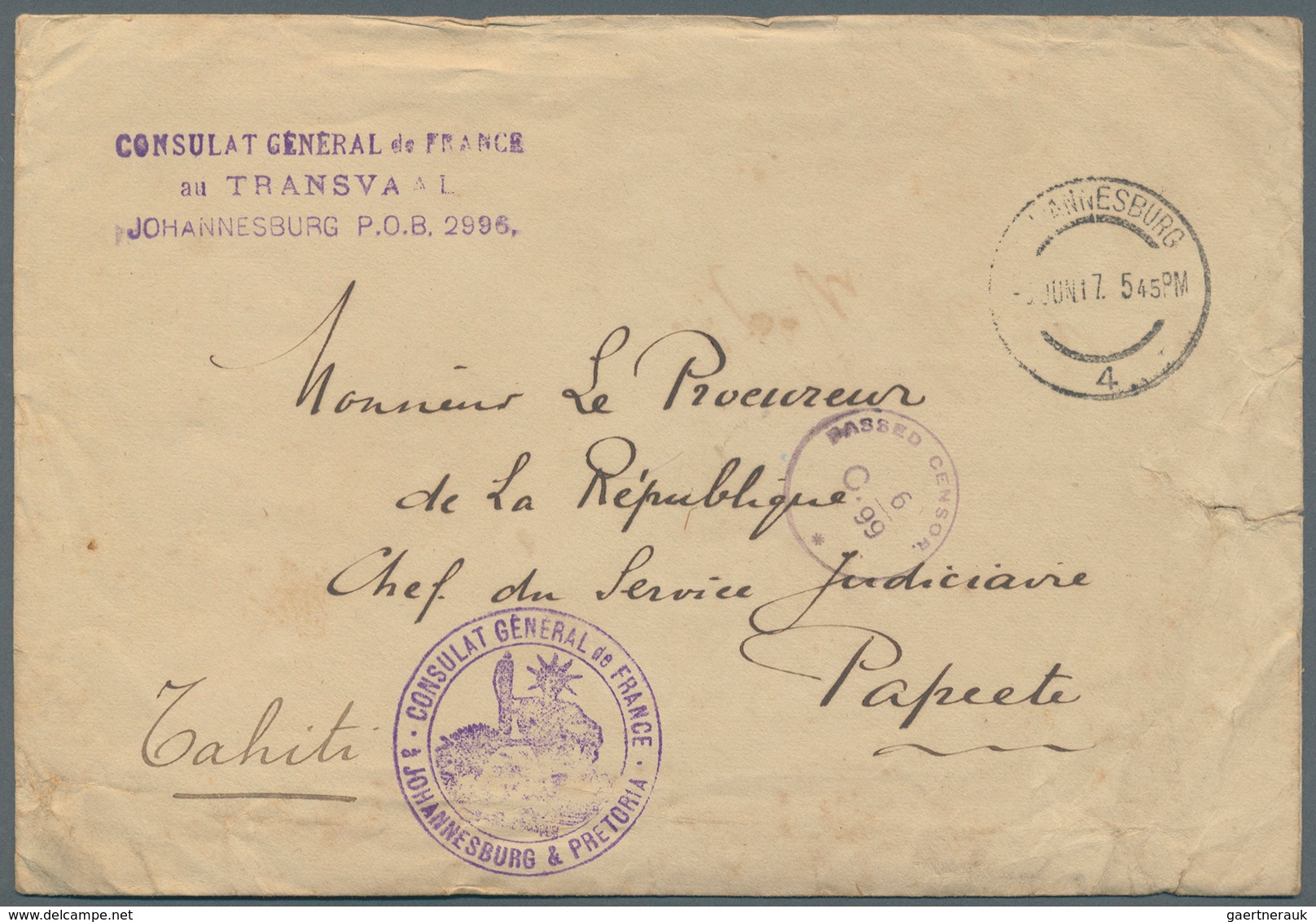 Tahiti: 1917. Envelope (opening Faults) With Full Content Headed 'Consular General De France Au Tran - Tahiti